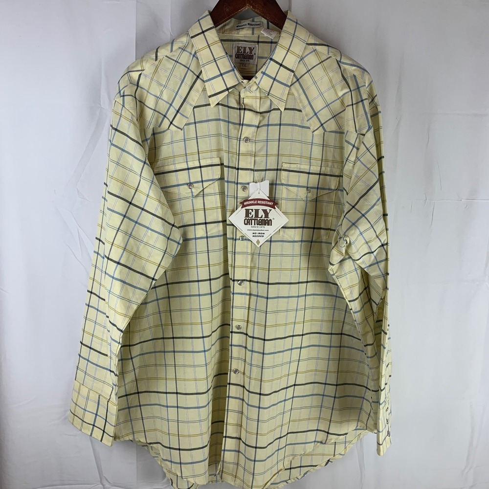Ely Cattleman Western Snap Shirt Mens XXL Yellow Plaid Wrinkle Resistant NWT